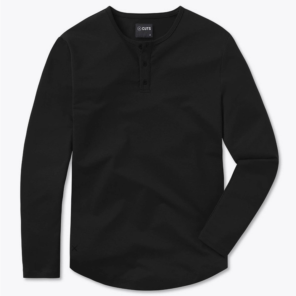 Cuts Clothing AO Long Sleeve Henley Curve-Hem, size LG in Black